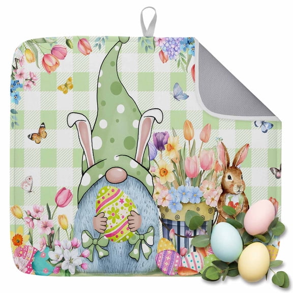 Dish Drying Mat for Kitchen Countertop, Gnome Bunny Absorbent Dish Mat Quick Dry Non Slip Draining Mat Kitchen Drying Pad for Dishes, Utensils 16x18 Inch Easter Eggs Flower Tulips Green Plaid