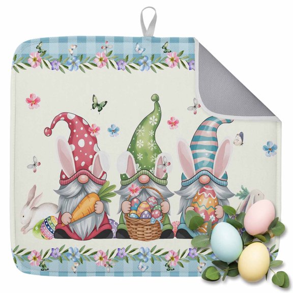 Dish Drying Mat for Kitchen Countertop, Gnome Bunny Absorbent Microfiber Dish Mat Quick Dry Non Slip Draining Mat Kitchen Drying Pad for Dishes, Utensils 16x18 Inch Happy Easter Eggs Spring Floral