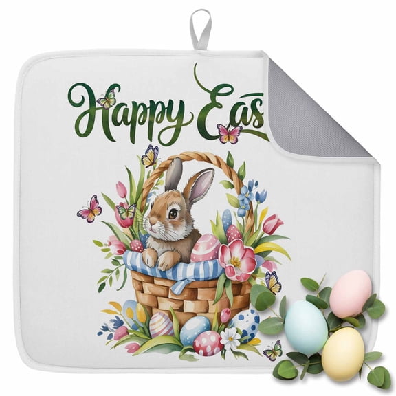 Dish Drying Mat for Kitchen Countertop, Happy Easter Bunny Absorbent Dish Mat Quick Dry Non Slip Draining Mat Kitchen Drying Pad for Dishes, Utensils 16x18 Inch Colorful Egg Basket Flower Leaves