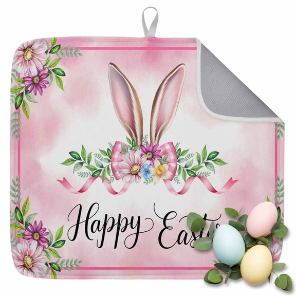 Dish Drying Mat for Kitchen Countertop, Happy Easter Bunny Absorbent Dish Mat Quick Dry Non Slip Draining Mat Kitchen Drying Pad for Dishes, Utensils 16x18 Inch Rabbit Ears Bow Flower Pink