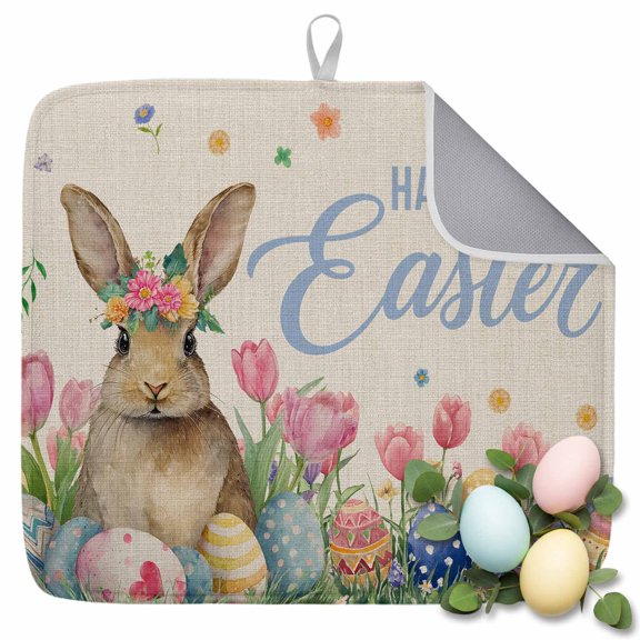 Dish Drying Mat for Kitchen Countertop, Happy Easter Bunny Absorbent Microfiber Dish Mat Quick Dry Non Slip Draining Mat Kitchen Drying Pad for Dishes, Utensils 16x18 Inch Colorful Egg Flower Leaves