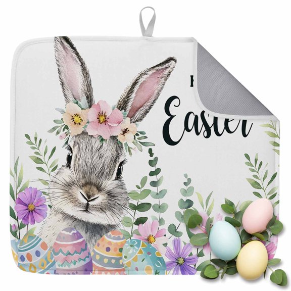 Dish Drying Mat for Kitchen Countertop, Happy Easter Bunny Absorbent Microfiber Dish Mat Reversible Quick Dry Non Slip Draining Mat Kitchen Drying Pad for Dishes, Utensils 16x18 Inch Spring Floral