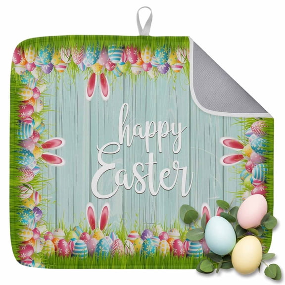 Dish Drying Mat for Kitchen Countertop, Happy Easter Eggs Absorbent Dish Mat Quick Dry Non Slip Draining Mat Kitchen Drying Pad for Dishes, Utensils 16x18 Inch Wood Grain Bunny Rabbit Ears
