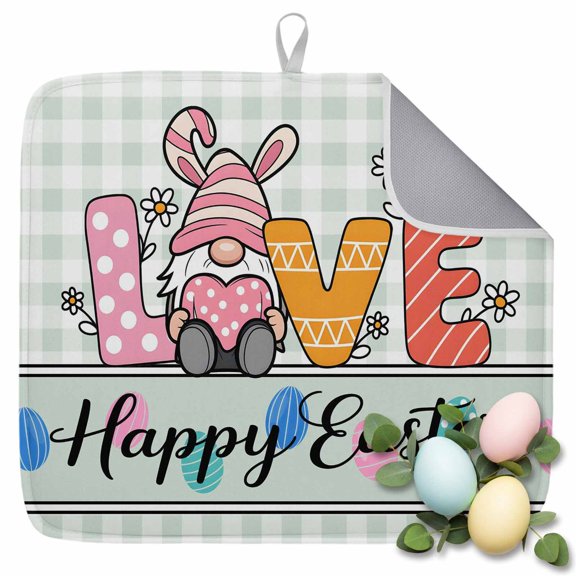 Dish Drying Mat for Kitchen Countertop, Happy Easter Eggs Absorbent Dish Mat Quick Dry Non Slip Draining Mat Kitchen Drying Pad for Dishes, Utensils 16x18 Inch Love Gnome Floral Green Plaid