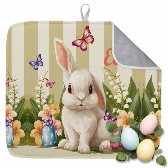 Dish Drying Mat for Kitchen Countertop, Happy Easter Eggs Absorbent Dish Mat Quick Dry Non Slip Draining Mat Kitchen Drying Pad for Dishes, Utensils 18x24 Inch Bunny Flower Butterfly Striped