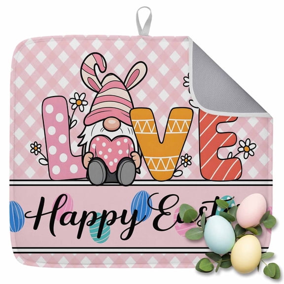 Dish Drying Mat for Kitchen Countertop, Happy Easter Eggs Absorbent Microfiber Dish Mat Quick Dry Non Slip Draining Mat Kitchen Drying Pad for Dishes, Utensils 16x18 Inch Love Gnome Pink Plaid