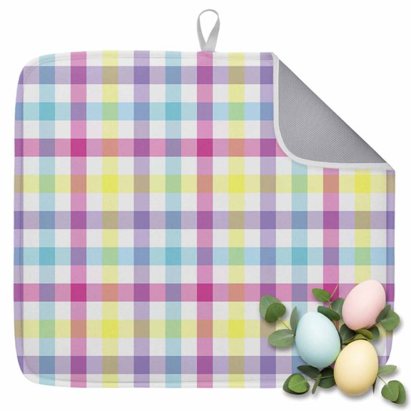Dish Drying Mat for Kitchen Countertop, Rainbow Check Plaid Absorbent Microfiber Dish Mat Quick Dry Non Slip Draining Mat Kitchen Drying Pad for Dishes, Utensils 16x18 Inch Colorful Buffalo Check