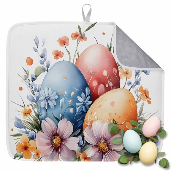 Dish Drying Mat for Kitchen Countertop, Spring Flower Absorbent Microfiber Dish Mat Reversible Quick Dry Non Slip Draining Mat Kitchen Drying Pad for Dishes, Utensils 16x18 Inch Easter Cute Egg
