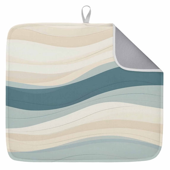 Dish Drying Mat for Kitchen Countertop, Teal Beige Stripes Absorbent Microfiber Dish Mat Reversible Quick Dry Non Slip Draining Mat Kitchen Drying Pad for Dishes, Utensils 16x18 Inch Lines Striped
