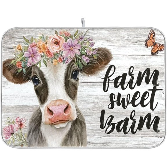 Dish Drying Mat for Kitchen Farm Sweet Cow Flower Counter 18 x 24 inch-Microfiber Dish Mat, Reversible Drying Pad Dish Drainer Rack Mats for Countertop Fast Dry