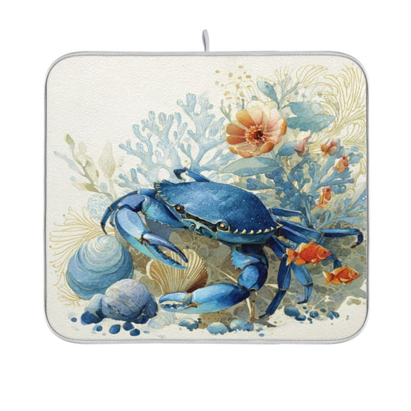 Dish Drying Mat Kitchen Mats Counter Absorbent Dish Pad for Home Decor Blue Crab and Shells 16x18in