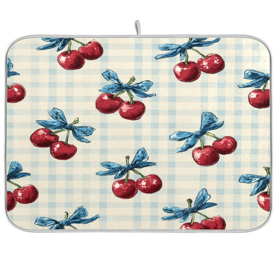 Dish Drying Mat Kitchen Pad Large Counter Absorbent Dish Mats Drainer Cherries and Bows