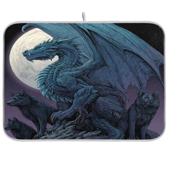 Dish Drying Mat Kitchen Pad Large Counter Absorbent Dish Mats Drainer Cyan Dragons and Wolves