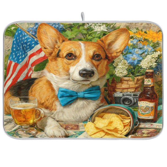 Dish Drying Mat Kitchen Pad Large Counter Absorbent Dish Mats Drainer Elegant Corgi and Afternoon Tea