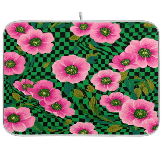 Dish Drying Mat Kitchen Pad Large Counter Absorbent Dish Mats Drainer Groovy Green and Pink Flowers