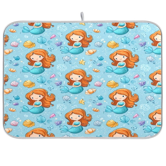 Dish Drying Mat Kitchen Pad Large Counter Absorbent Dish Mats Drainer Little Mermaids and Seashells