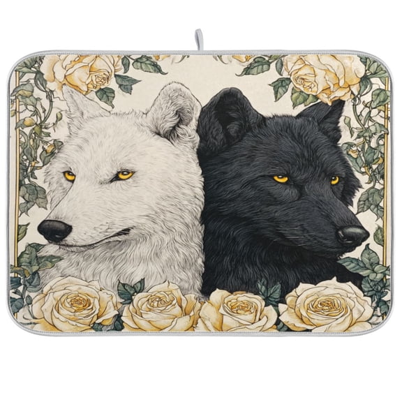 Dish Drying Mat Kitchen Pad Large Counter Absorbent Dish Mats Drainer Two Black and White Wolves