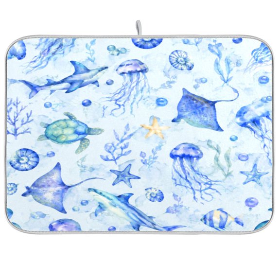 Dish Drying Mat Microfiber Composite Sponge Kitchen Mats 16" x 18" Large Counter Absorbent Dish Pad Blue Ocean Life Watercolor Artistic