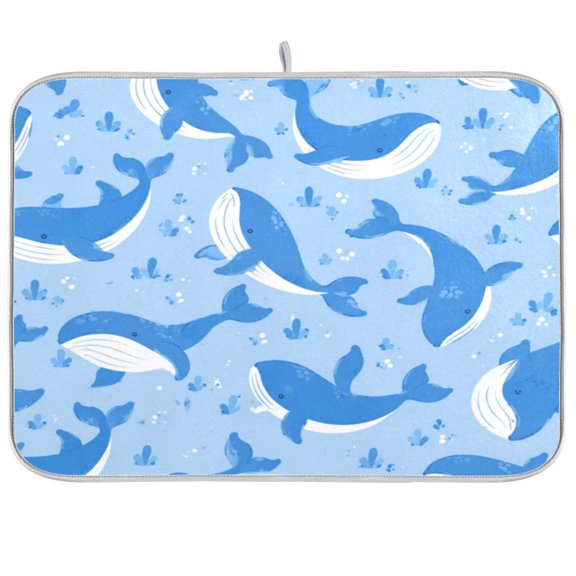 Dish Drying Mat Microfiber Composite Sponge Kitchen Mats 16" x 18" Large Counter Absorbent Dish Pad Cartoon Blue Whale Ocean Pattern