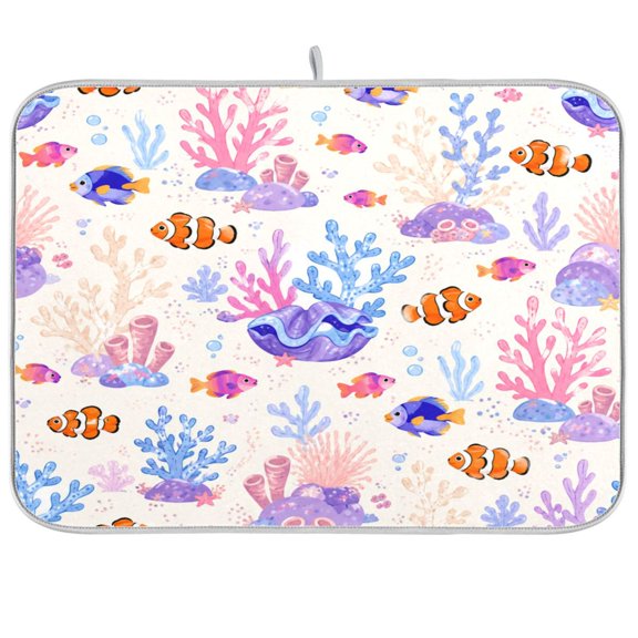 Dish Drying Mat Microfiber Composite Sponge Kitchen Mats 16" x 18" Large Counter Absorbent Dish Pad Cute Ocean Fish and Corals