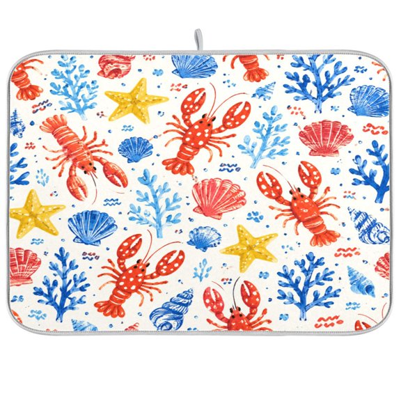 Dish Drying Mat Microfiber Composite Sponge Kitchen Mats 16" x 18" Large Counter Absorbent Dish Pad Lobster Seamless Ocean Pattern