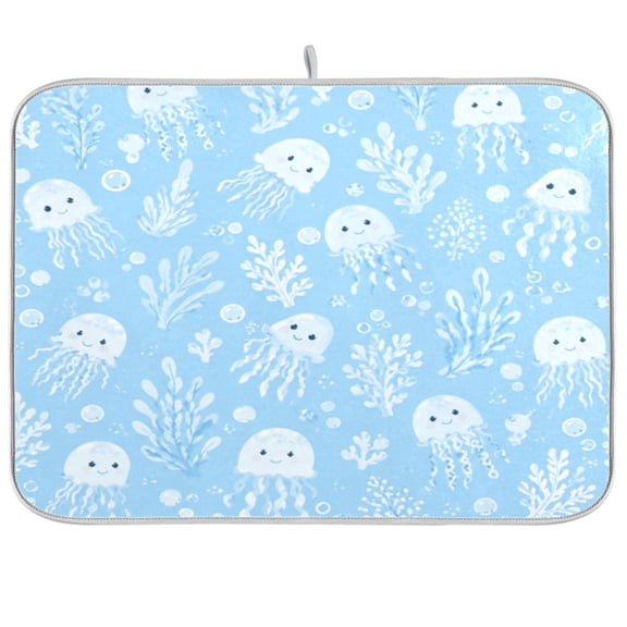Dish Drying Mat Microfiber Composite Sponge Kitchen Mats 16" x 18" Large Counter Absorbent Dish Pad Ocean Cute Jellyfish Pattern