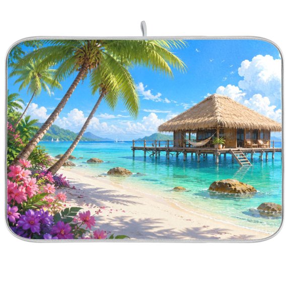 Dish Drying Mat Microfiber Composite Sponge Kitchen Mats 16" x 18" Large Counter Absorbent Dish Pad Ocean View Palm Beach