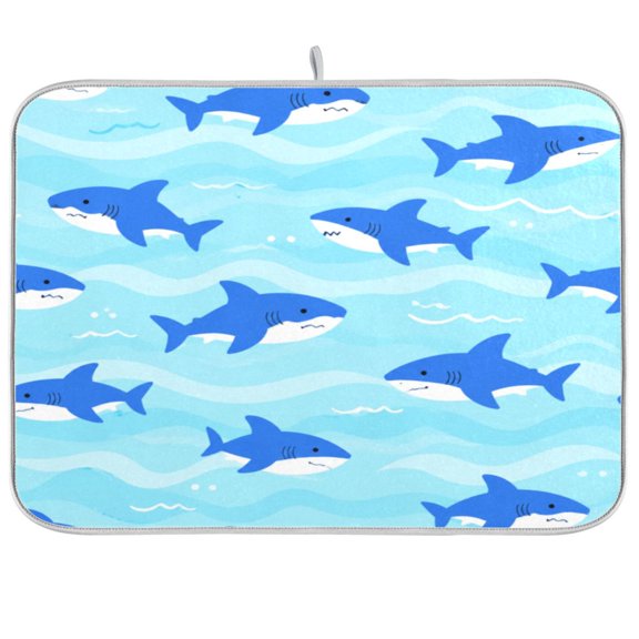 Dish Drying Mat Microfiber Composite Sponge Kitchen Mats 16" x 18" Large Counter Absorbent Dish Pad Playful Ocean Shark Pattern