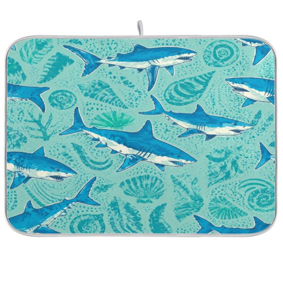 Dish Drying Mat Microfiber Composite Sponge Kitchen Mats 16" x 18" Large Counter Absorbent Dish Pad Sea Shark Ocean Pattern