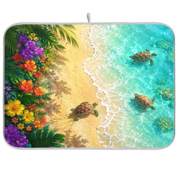 Dish Drying Mat Microfiber Composite Sponge Kitchen Mats 16" x 18" Large Counter Absorbent Dish Pad Sunny Turtle Ocean Shore