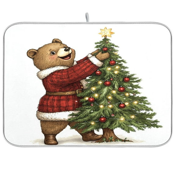 Dish Drying Mat Microfiber Kitchen Pad Large Counter Absorbent Dish Mats Drainer Rack 16"x18" Bear and Christmas Tree