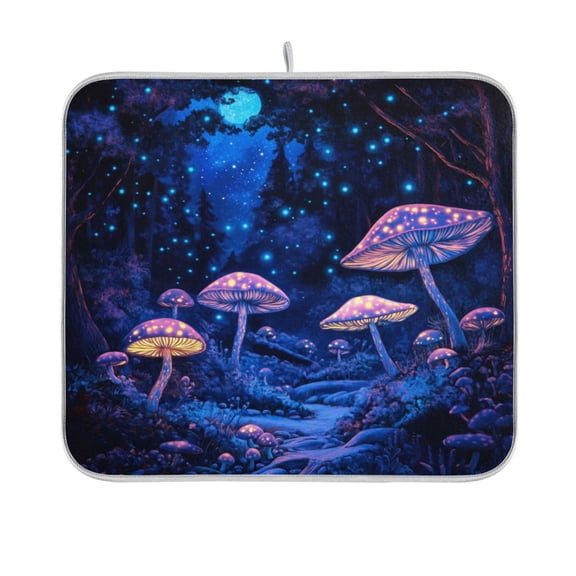 Dish Drying Mat Microfiber Kitchen Pad Large Counter Absorbent Dish Mats Drainer Rack 16"x18" Bioluminescent Mushrooms