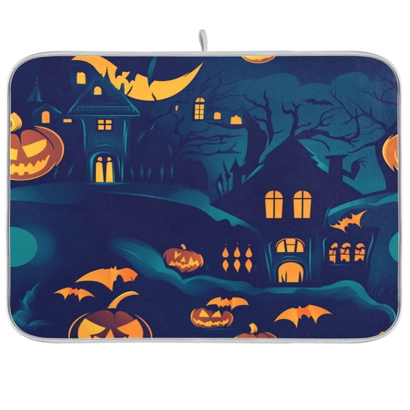 Dish Drying Mat Microfiber Kitchen Pad Large Counter Absorbent Dish Mats Drainer Rack 16"x18" Black Haunted House