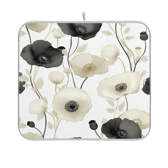 Dish Drying Mat Microfiber Kitchen Pad Large Counter Absorbent Dish Mats Drainer Rack 16"x18" Black and White Flowers