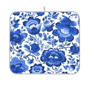 Dish Drying Mat Microfiber Kitchen Pad Large Counter Absorbent Dish Mats Drainer Rack 16x18 Blue Floral Pattern