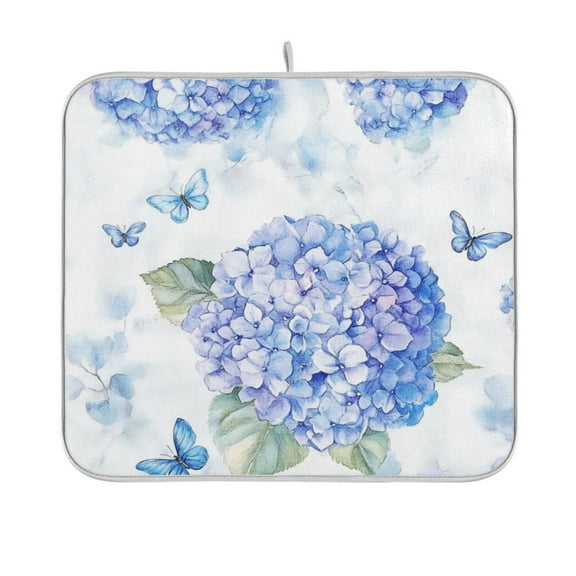 Dish Drying Mat Microfiber Kitchen Pad Large Counter Absorbent Dish Mats Drainer Rack 16"x18" Blue Hydrangea Pattern