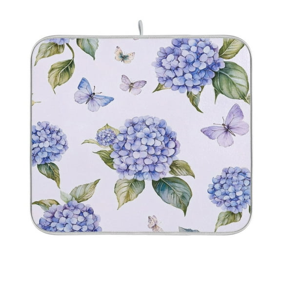 Dish Drying Mat Microfiber Kitchen Pad Large Counter Absorbent Dish Mats Drainer Rack 16"x18" Blue Hydrangea