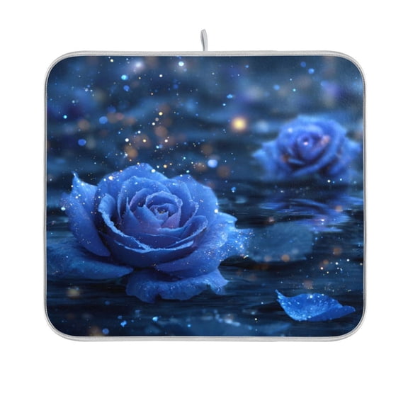 Dish Drying Mat Microfiber Kitchen Pad Large Counter Absorbent Dish Mats Drainer Rack 16"x18" Blue Rose Pattern