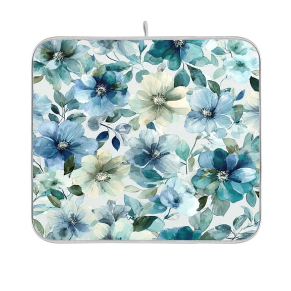 Dish Drying Mat Microfiber Kitchen Pad Large Counter Absorbent Dish Mats Drainer Rack 16"x18" Blue and Green Flowers