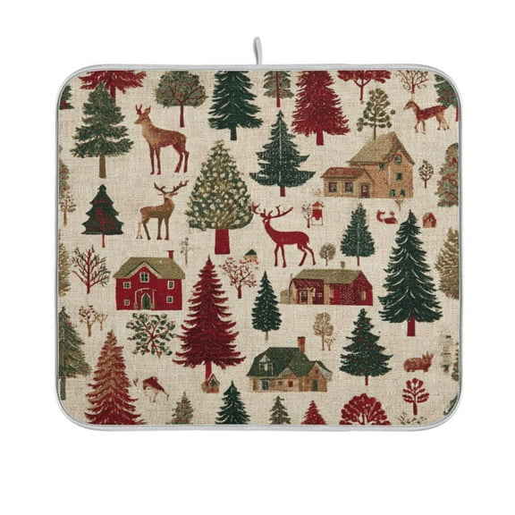 Dish Drying Mat Microfiber Kitchen Pad Large Counter Absorbent Dish Mats Drainer Rack 16"x18" Christmas Trees Deer and Houses