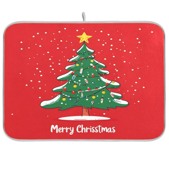 Dish Drying Mat Microfiber Kitchen Pad Large Counter Absorbent Dish Mats Drainer Rack 16"x18" Green Christmas Tree