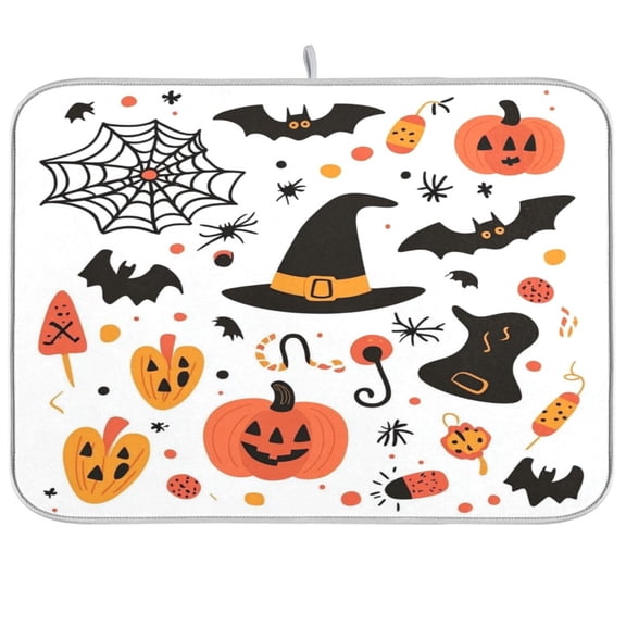 Dish Drying Mat Microfiber Kitchen Pad Large Counter Absorbent Dish Mats Drainer Rack 16"x18" Halloween Doodle Clip Art