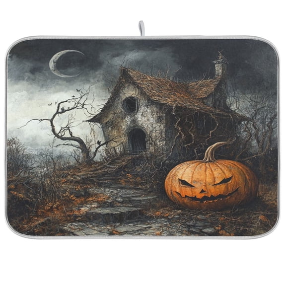 Dish Drying Mat Microfiber Kitchen Pad Large Counter Absorbent Dish Mats Drainer Rack 16"x18" Halloween Pumpkin and Witch's House