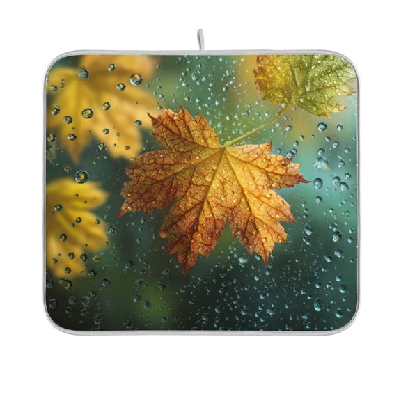 Dish Drying Mat Microfiber Kitchen Pad Large Counter Absorbent Dish Mats Drainer Rack 16"x18" Leaves with Water Droplets