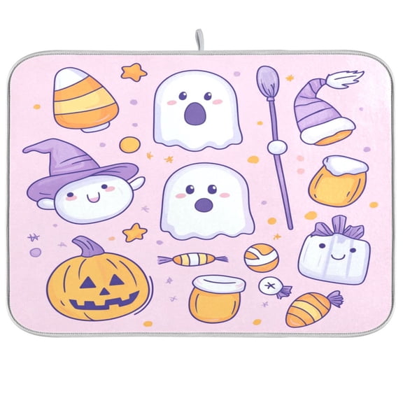 Dish Drying Mat Microfiber Kitchen Pad Large Counter Absorbent Dish Mats Drainer Rack 16"x18" Pink Background Halloween Elements