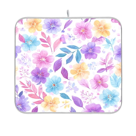 Dish Drying Mat Microfiber Kitchen Pad Large Counter Absorbent Dish Mats Drainer Rack 16"x18" Pink and Purple Flowers
