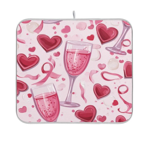 Dish Drying Mat Microfiber Kitchen Pad Large Counter Absorbent Dish Mats Drainer Rack 16"x18" Red Heart-shaped Bubbles