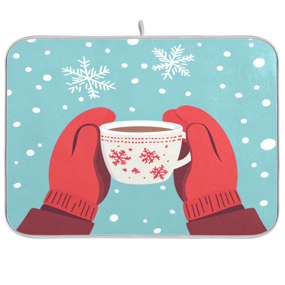 Dish Drying Mat Microfiber Kitchen Pad Large Counter Absorbent Dish Mats Drainer Rack 16"x18" Red Mittens Holding A Coffee Mug