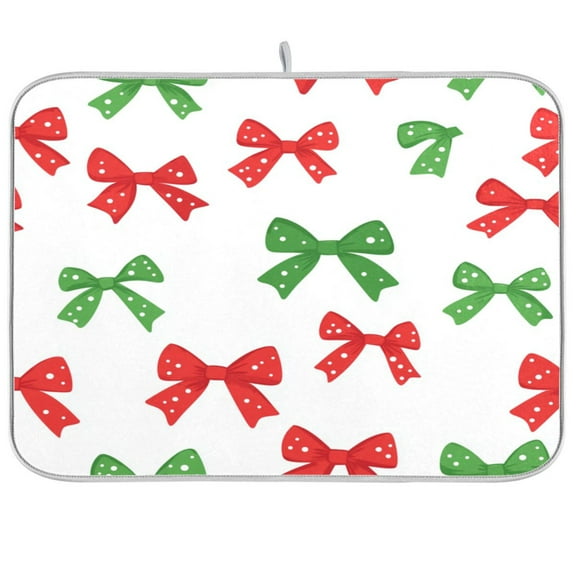 Dish Drying Mat Microfiber Kitchen Pad Large Counter Absorbent Dish Mats Drainer Rack 16"x18" Red and Green Bows