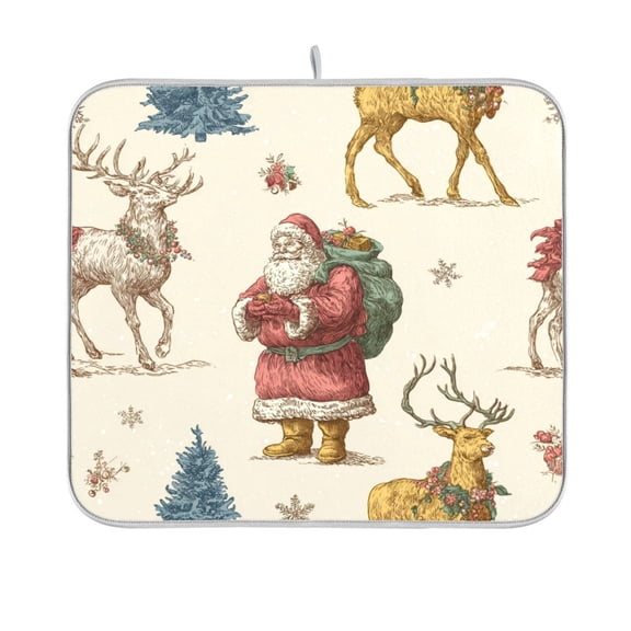 Dish Drying Mat Microfiber Kitchen Pad Large Counter Absorbent Dish Mats Drainer Rack 16"x18" Retro Santa Claus and Reindeer